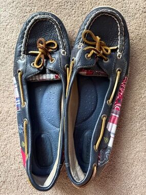 Sperry Navy Leather & Plaid Accent Boat Flats